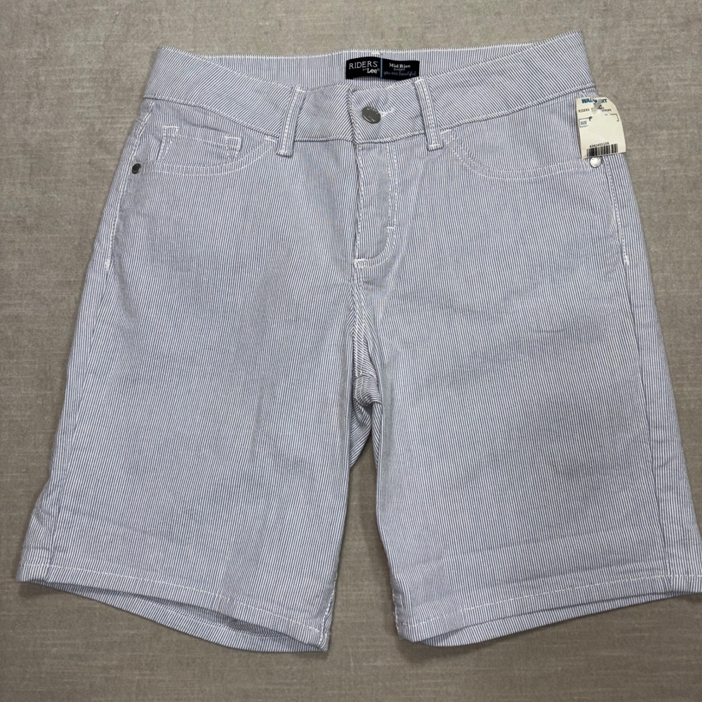 New Lee Riders Women Striped Denim Shorts 14 Blue White Mid Rise Retro 8" Inseam